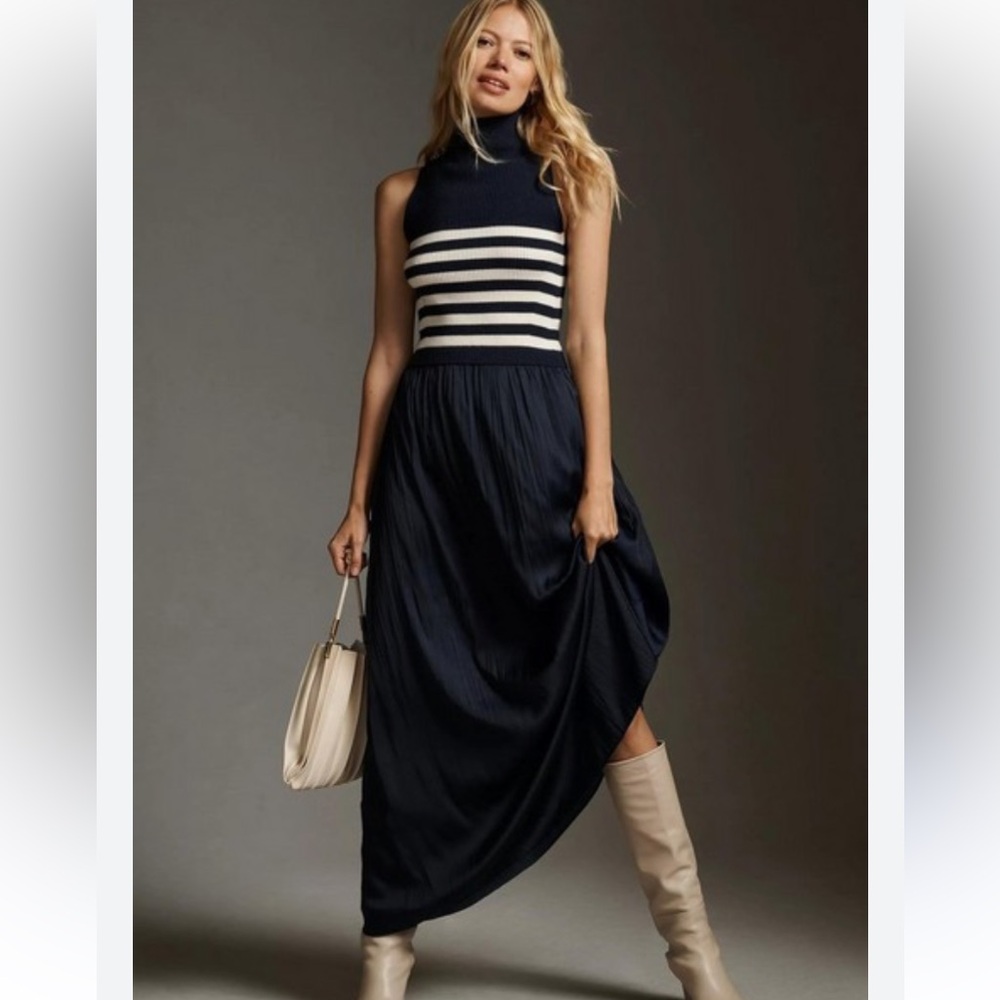 Anthropologie Striped Mock Neck The Thea Twofer Sleeveless Sweater Dress XL
